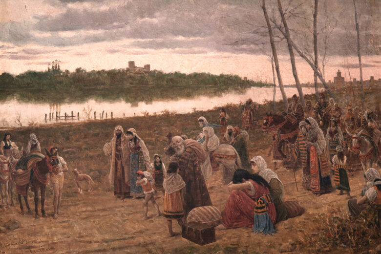 Historical painting depicting Sephardic Jewish exiles journeying with their belongings