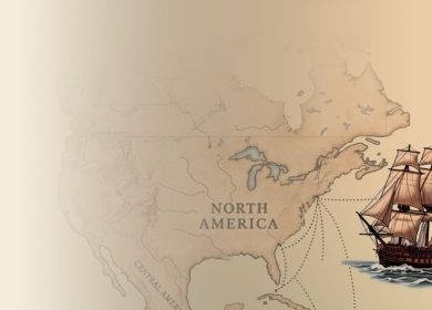 Illustrated map of North America with a sailing ship, depicting Sephardic migration and trade routes