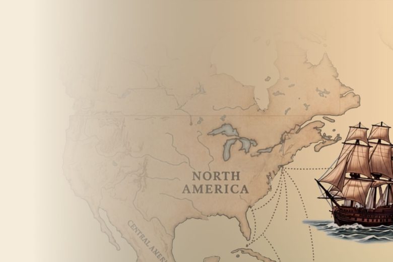 Illustrated map of North America with a sailing ship, depicting Sephardic migration and trade routes